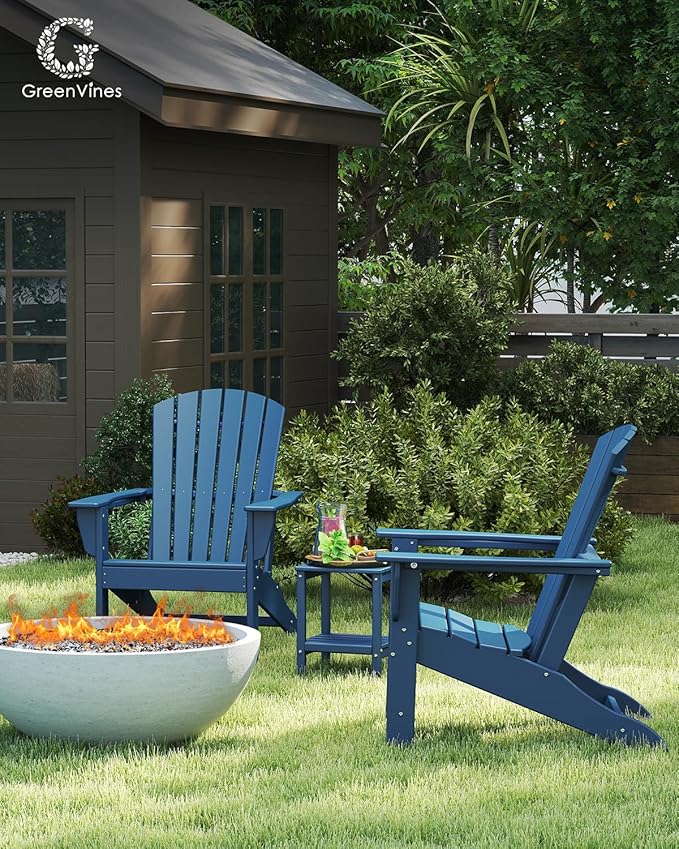 GREENVINES Adirondack Chair | HDPE Plastic | Oversized Fire Pit Chairs | All Weather | Blue | Poly Lumber | for Outdoor Deck Backyard Patio
