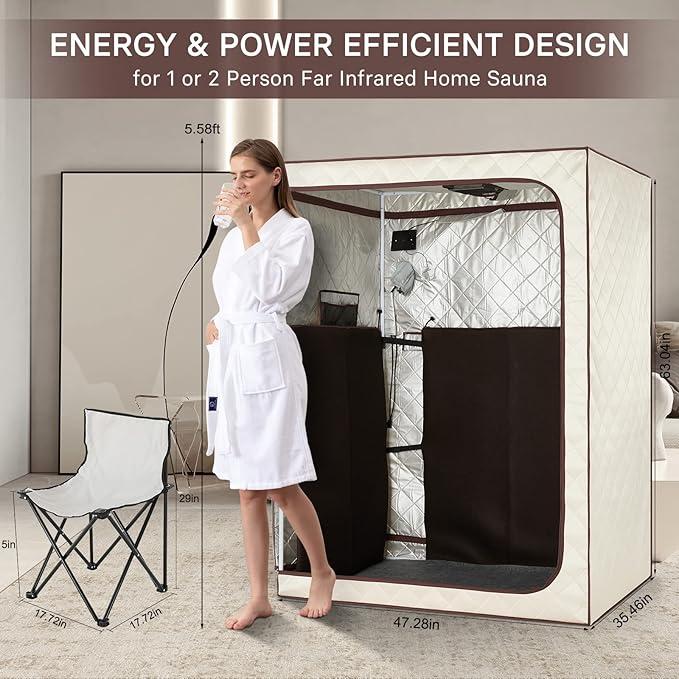 2 Person Portable Full Spectrum Infrared Sauna, Full Size Large Space Spa Tent with Remote Control,1600W Fast Heating, Foldable Chairs & LED Therapy Light, Home Spa for Relaxation (47.2"x35.4"x63")