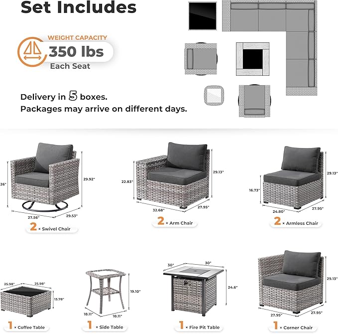 ovios 10 Pieces Patio Furniture Set, Outdoor Wicker Sectional Sofa with 30" Fire Pit Table Swivel Chairs, Modern Modular Deep Seat Rattan Couch Conversation Sets, Black