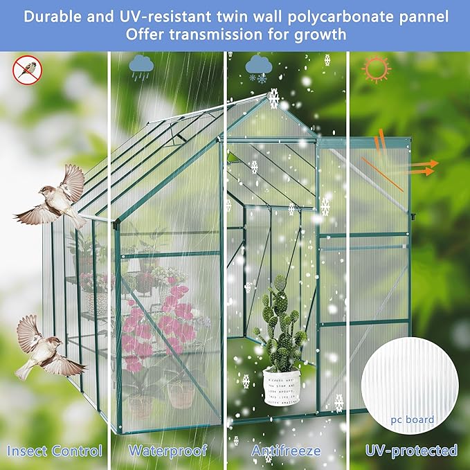 6×10 FT Polycarbonate Greenhouse for Outdoors with Raised Base & Anchor, Heavy-Duty Walk-in Aluminum Green House Kit with Sliding Door & Roof Vent, Outdoor Greenhouse for Backyard Garden, Green
