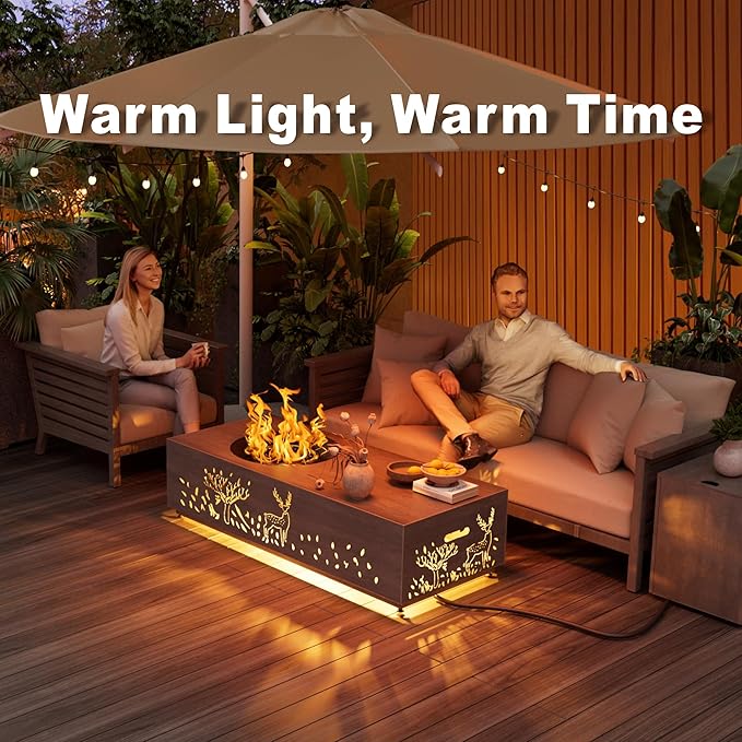 Dineli 2-Piece Outdoor Propane Fire Pit Table Set w Tank Table 48'' Rectangular Firepit Gas Fire Pits for Outside Patio Fire Table w LED, 50,000 BTU (Gray, Deer Cutout with Warmlight)