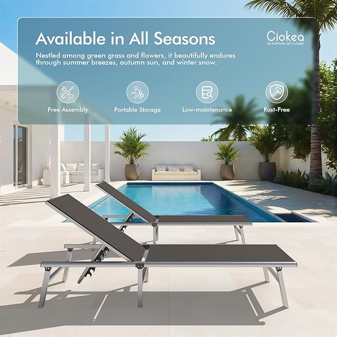 Ciokea Aluminum Chaise Lounge Ourdoor - Foldable & Assemble Free Outdoor Lounge Chair with 5 Adjustable Backrest, Patio Lounge Chair for Outside Poolside Beach Pool, Grey