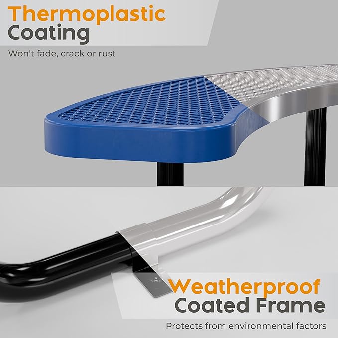 OUTTANS Metal Picnic Tables for Outdoors with Umbrella Hole - Coated Steel Heavy Duty Commercial Grade Furniture Set with Adjustable Seats (Blue, 38 in, Round, Expanded Steel)