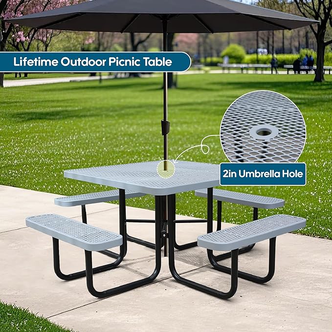 HIMcup 46" Square Picnic Table W/Benches,Heavy Duty Metal Picnic Table Set with 2in Umbrella Hole, 1600 lb Capacity,Commercial Dining Table Furniture for Yard Patio Lawn Party Coffee Shop