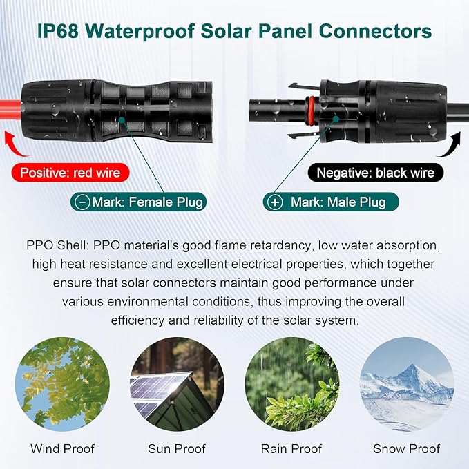 Solar Panel Extension Cable - 8AWG 20FT Solar Wire with Female & Male Waterproof Connector Flame Retardant Protective Sleeving PV Wire for RV, Photovoltaic Systems, Home, Boat, Solar Panels, Car