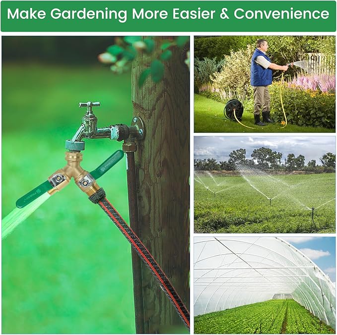 Garden Hose Splitter 2 Way, Heavy Duty Brass Y Valve Garden Hose Splitter With Stainless Steel Long Handle, Full Flow Hose Splitter Connector, Y Valve 3/4 Inch GHT Thread