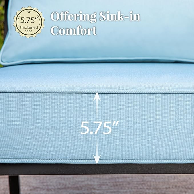 Patio Furniture Set, 6 Pcs Metal Outdoor Conversation Set, 2 Single Chairs, 2 Ottomans and 3 Seater Sofa with 5.75" Extra Thick Cushion and Gas Fire Pit Table, Blue