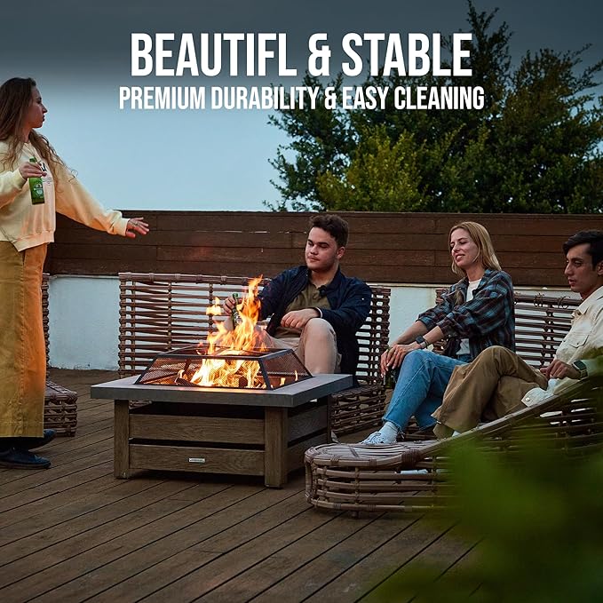 Firepits for Outside，Wood Burning Fire Pit with Wood-Grain Side Panels,Firepit for Outside with Mesh Cover & Fire Poker,Square Modern Outdoor Fireplace Fire Table. (Countryside)