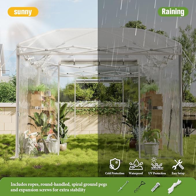 AMERLIFE 19.2×10×8.5 FT Pop-up Greenhouses for Outdoors Indoor with Adjustable Strong Frame, Movable Walk in Greenhouse with 2 Roll-up Zipper Doors, Windows and PE Cover, White