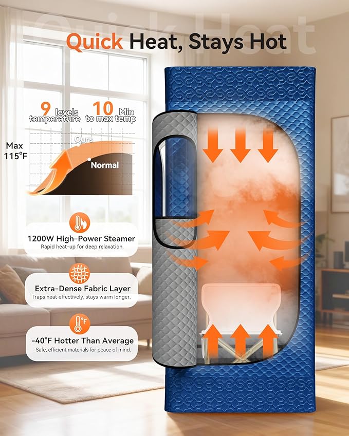 Sauna Box, Upgraded Portable Sauna for Home 5Layer Waterproof,3L 1200W Steamer,9 Levels,Dual YKK Zippers,Big Folding Chair,99 Mins Timer,Remote Control,Steam Sauna Room Personal Saunas Tent,Dark Blue