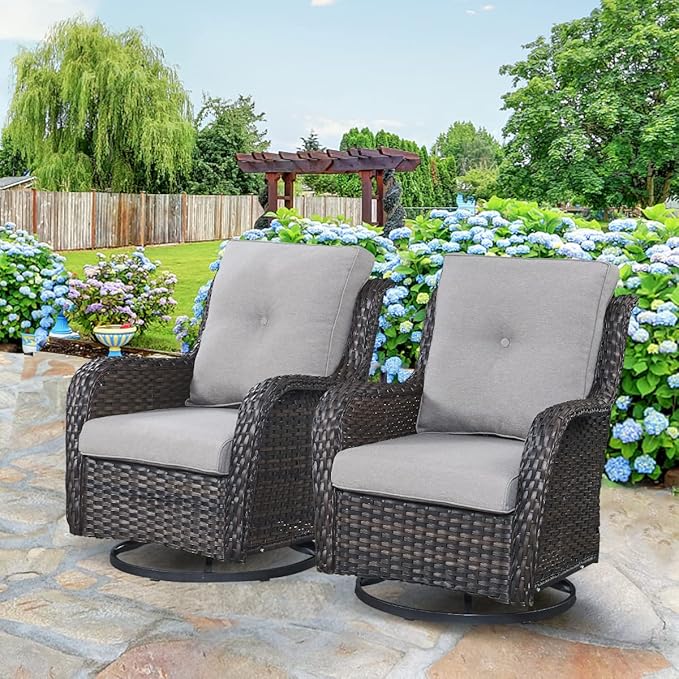 HUMMUH 7 Pieces Patio Furniture Set with Fire Pit Table Outdoor Conversation Set PE Wicker Patio Couch Swivel Glider Chairs Ottomans for Balcony Garden,Lawn,Deck