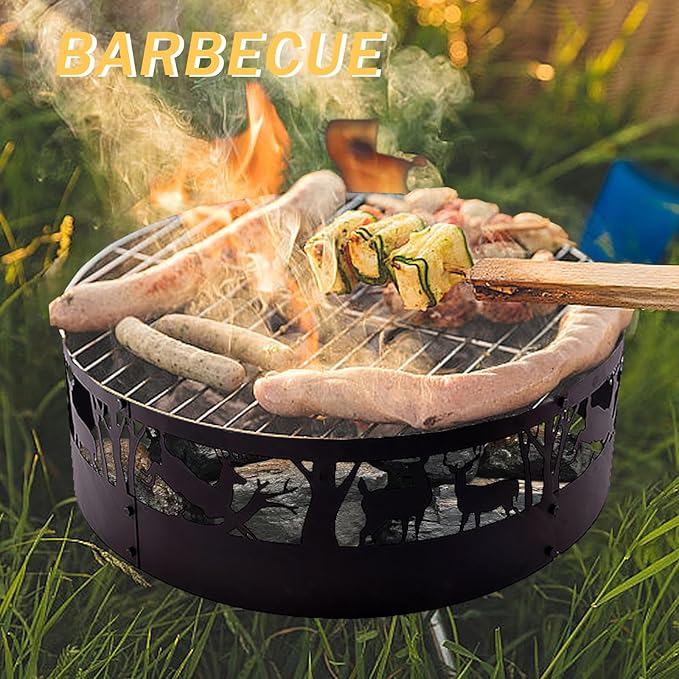 Fire Pit Ring Outdoor Steel: Heavy Duty Round Firepit Ring with Patterned Cutouts for Backyard Camping & Beach Bonfires 36Inch