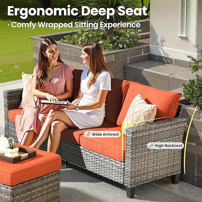 ovios 8 Pieces Patio Furniture Set with 30" Fire Pit Table, Outdoor Wicker Sofa with Comfy Cushions, All Weather High Back Rattan Couch Conversation Set, Orange Red