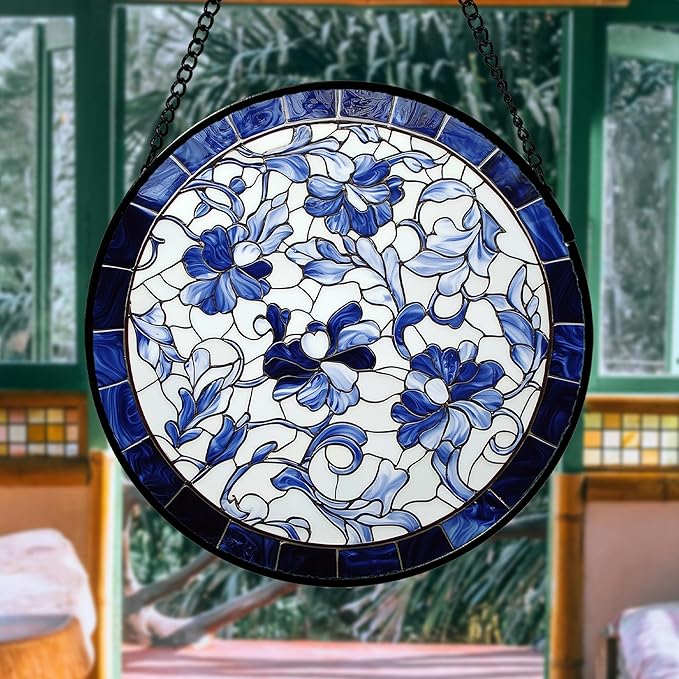 AMDERVEN Stained Glass Window Hanging, Blue and White Abstract Flowers Sun Catcher for Door Home Decor Suncatcher Christmas Mother's Day Birthday Gifts for Women Men Mom and Nana 15 in