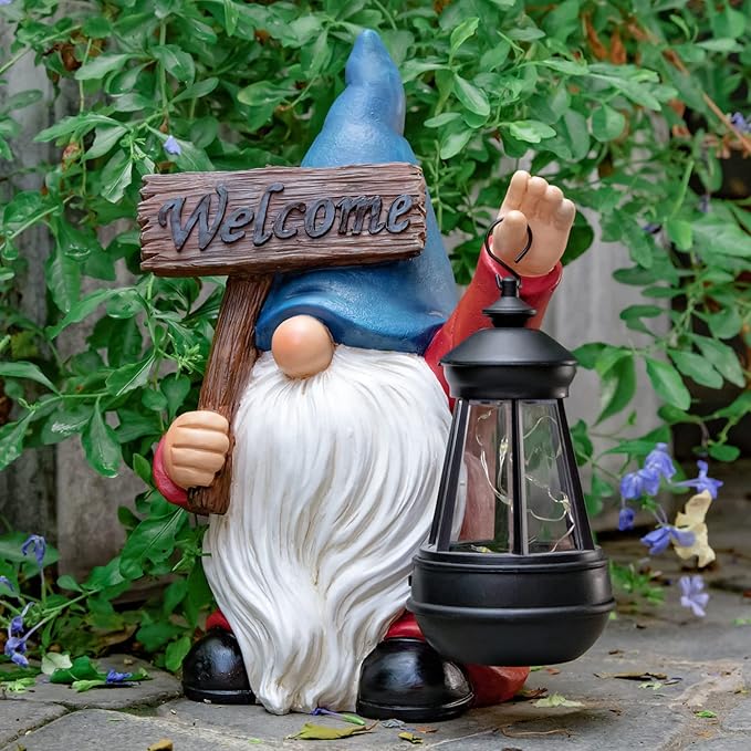 WONDHOME Garden Gnome Outdoor Decoration Solar Gnomes Statue with Lantern LED Lights,Terrace Courtyard Lawn Patio Porch Fall Decoration Halloween Christmas Housewarming Gift for Mom Women, Gnome Blue