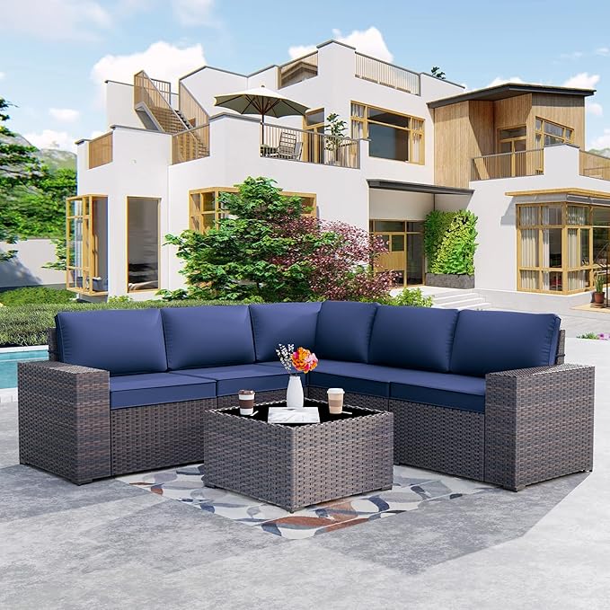Kurapika 6 Pieces Patio Furniture Set, Rattan Outdoor Conversation Sets w/4 Inch Cushion and Glass Coffee Table(Navy Blue)