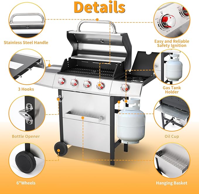 4 Burner Propane Gas Grill Combo w/Side Burner, 3-in-1 BBQ Grill with Charcoal Smoker & Griddle Plate, 46,650 BTU, 448 Sq.In. Stainless Steel Outdoor Cooking Station