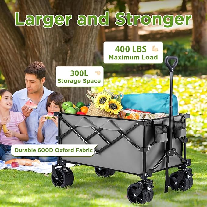 Bezseller Collapsible Wagon 400 lbs, Wagons Carts Foldable, Beach Carts with Big Wheels for Sand, Utility Folding Cart with All-Terrain Wheels, for Grocery, Sports, Shopping and Camping, Grey