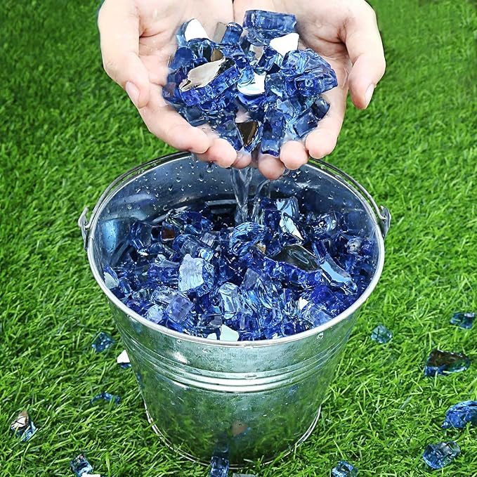 GRISUN 20 Pounds Pacific Ocean Blue Fire Glass for Fire Pit - 1/2 Inch High Luster Reflective Tempered Glass Rocks for Natural or Propane Fireplace, Safe for Outdoors and Indoors Firepit Glass
