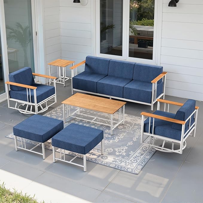 Luxury Outdoor Furniture Set with Swivel Chairs, 7 PCS Patio Furniture Set with 6" Extra Thick Cushions, Suitable for Porch, Balcony, Deck, Patio, Yard, Poolside, White/Blue