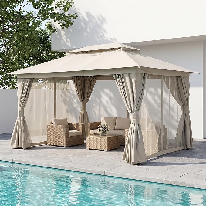 LAUSAINT HOME Outdoor Patio Gazebo 10'x13' with Expansion Bolts, Heavy Duty Party Tent & Shelter with Double Roofs, Mosquito Nettings and Privacy Screens for Backyard (Cream White)