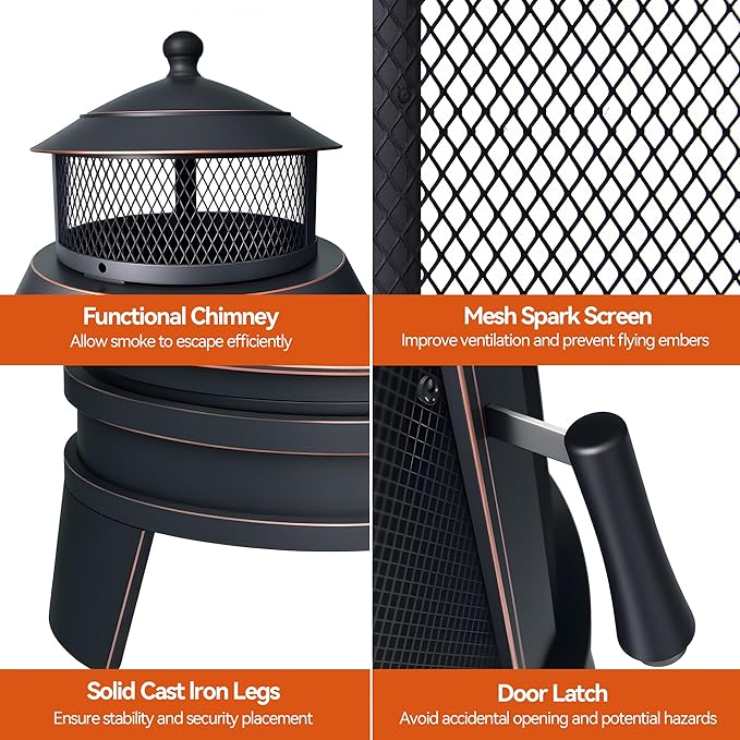 Metal Outdoor Fire Pit for Outside Wood Burning，24 Inch Chiminea Outdoor Fireplace with Adjustable Grill Tray, Spark Screen Door & Fire Poker, for Patio, Garden, Backyard