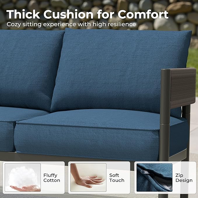 Grand patio 6-Piece Outdoor Furniture Set, 6 Seats Wicker Sofa Conversation Set with Thick Cushions and Coffee Table, for Backyard, Balcony, Garden (Peacock Blue)