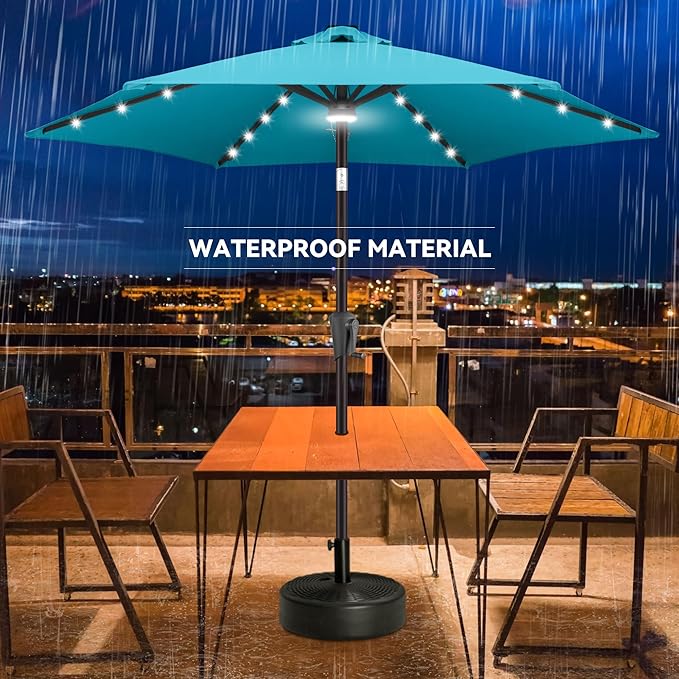 7.5ft Solar Umbrella Outdoor - Lighted Patio Umbrella with 24 LED Lights Waterprool Uv Protection, Table Umbrella with Tilt & Crank for Pool, Porch, Garden, Deck, Backyard(Sky Blue)