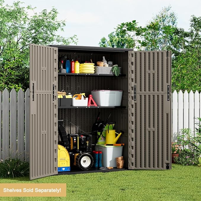 KINYING Outdoor Storage Shed,57 Cu.ft Vertical Outdoor Storage Cabinet Waterproof, Outdoor Resin Tool Shed for Patio Furniture, Garden Tools, Pool Accessories, Lawn Mower(Coffee Color)