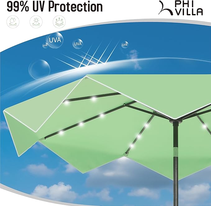 PHI VILLA 10ft Patio Umbrellas with 24 pcs LED Solar Lights, Outdoor Market Table Lighted Umbrella with 8 Steel Ribs, Tilt for UV-Resistant, Lotus Leaf Shape Canopy, Green