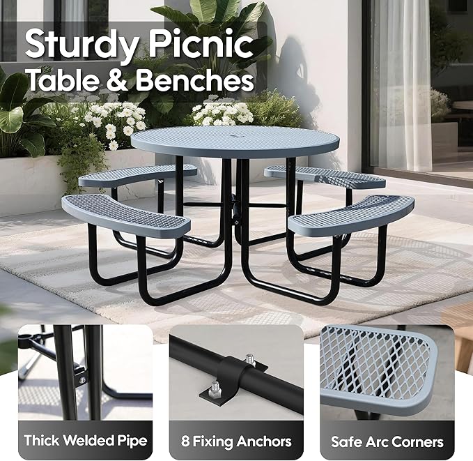 8-Person Outdoor Picnic Tables,46" Heavy-Duty Metal Round Picnic Table,Expanded Metal Commercial-Grade Table with 4 Benches & Umbrella Hole,Waterproof Coating Beach Table for Patio,Garden, Backyard