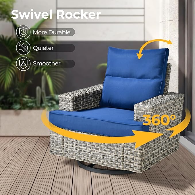 HOOOWOOO Outdoor Sectional Patio Furniture Set with Fire Pit Table,13 Pieces Wicker Conversation Sets L Shaped Couch,Extra Deep Out Door Sofa Outside Furniture with Swivel Chairs Ottomans,Navy Blue
