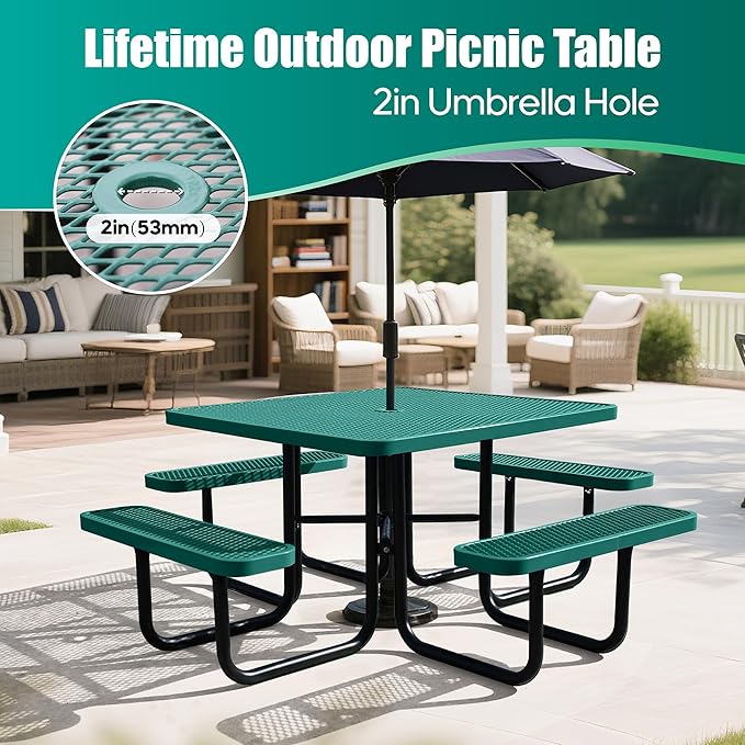 Sunnibety 8-Person Picnic Tables for Outdoors, Industrial 46" Expanded Metal Square Picnic Table with 4 Benches & Umbrella Hole, Outside Table and Bench Set for Garden, Backyard, Porch, Patio, Green