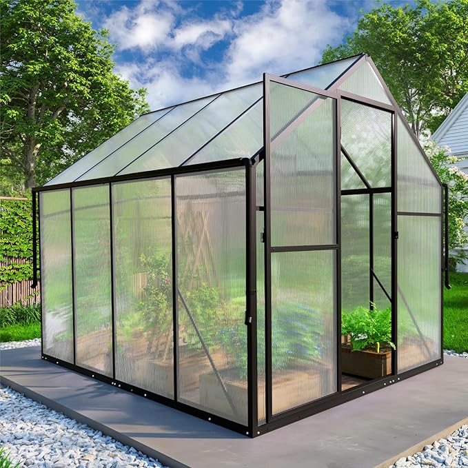6x8 FT Greenhouse for Outdoors, Polycarbonate Green House with Adjustable Roof Vent and Rain Gutter, Aluminum Large Walk-in Greenhouse with Quick Setup Structure for Outside Garden Backyard Patio