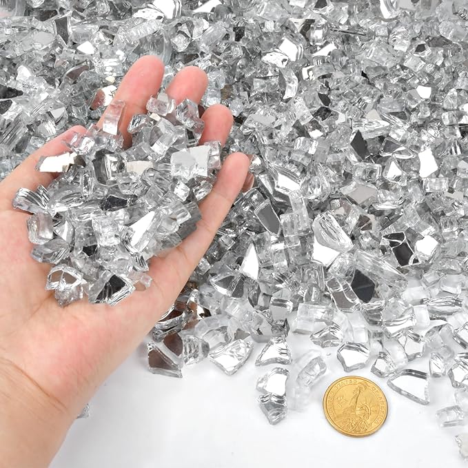 GasSaf 1/4 Inch Fire Glass Reflective Tempered Fireglass Cut Crushed FireGlass for Fire Pit, Fireplace, Replaces Existing Gas Logs & Lava Rocks (10 Pound)(Crystal Ice Reflective)