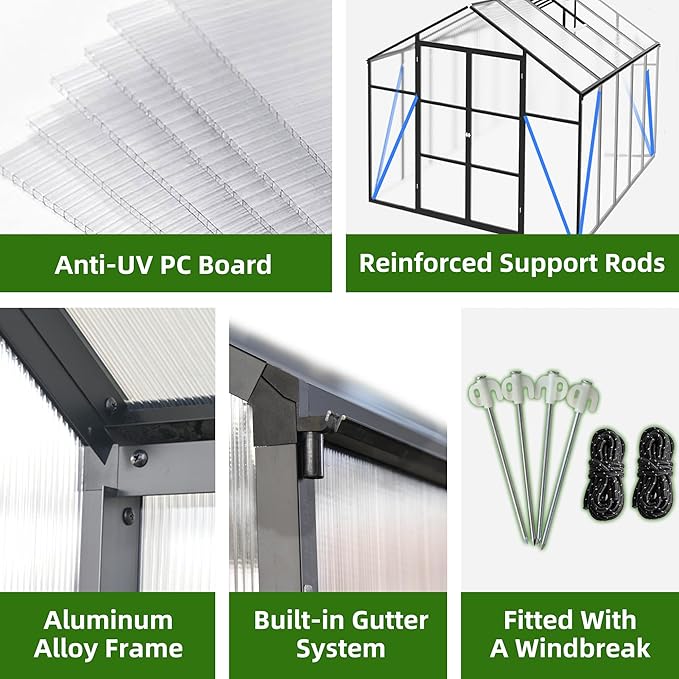 KEIKI 8x10 FT Polycarbonate Greenhouse for Outdoors, Durable Aluminum Walk-in Greenhouse with Gutter Drainage & Tall Growing Space for Plants, Black