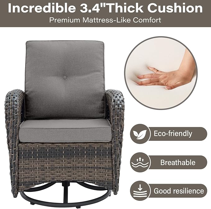 Patio Furniture Swivel Glider PE Wicker Chairs, Outdoor Swivel Rocker Seating with Cushions for Porch Deck Balcony, Brown/Gray