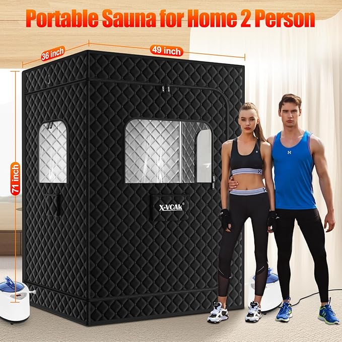 2 Person Sauna, Extra Large Sauna Box, Portable Steam Sauna Tent with 2 Steamers, 2 Folding Chair, 71”x 49”x 36”, Black