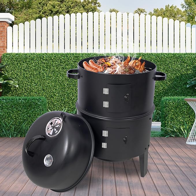 16 inch Vertical Charcoal Smoker, Mini BBQ Grill, Fire Pit, 3-in-1 with Built-in Thermometer, Adjustable Air Vent, Idea for Parties, Backyard, Patio, Camping