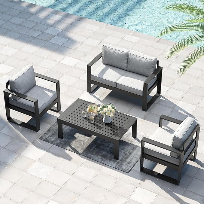 LayinSun 4 Pieces Aluminum Outdoor Patio Furniture Set, Metal Modern Conversation Sofa Set with Coffee Table and Washable Thick Cushions for Porch, Backyard, Deck