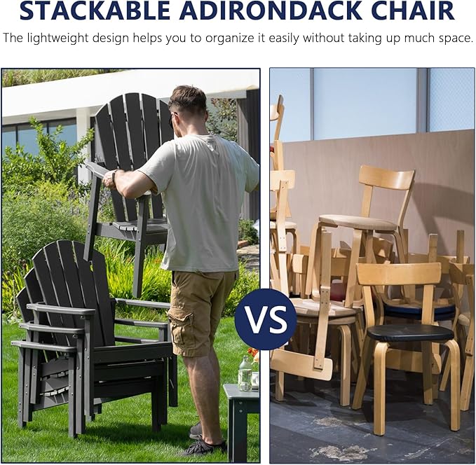 nevilywood Compact Stackable Adirondack Chairs, 26.3" Wide HDPE Outdoor Patio Chairs - Durable, Space-Saving Design for Porch, Lawn or Garden, Grey