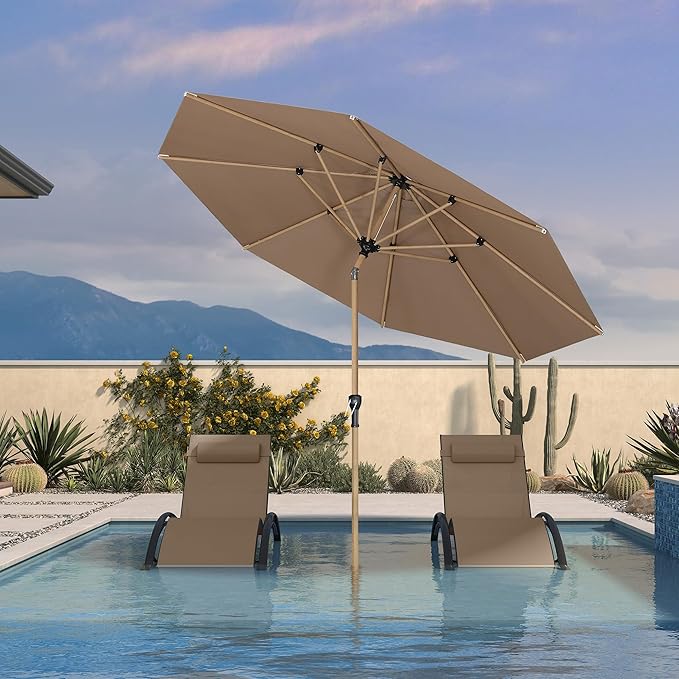 PURPLE LEAF 9 Feet Patio Umbrella with Base Market Umbrella Round Outdoor Umbrella with Push Button Tilt & Crank and 8 Ribs Aluminum Outdoor Table Umbrella for Garden Deck Balcony, Taupe