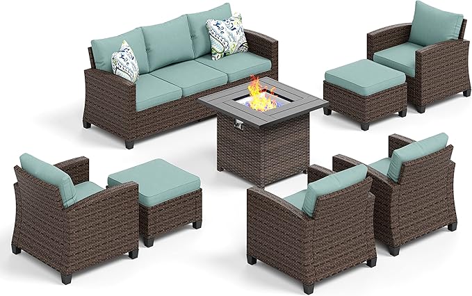 HERA'S HOUSE Wicker Patio Furniture Set with Fire Pit, 8 Pieces Outdoor Sectional Conversation Sets, Deep Seating Sofa for Lawn Deck Garden, Blue