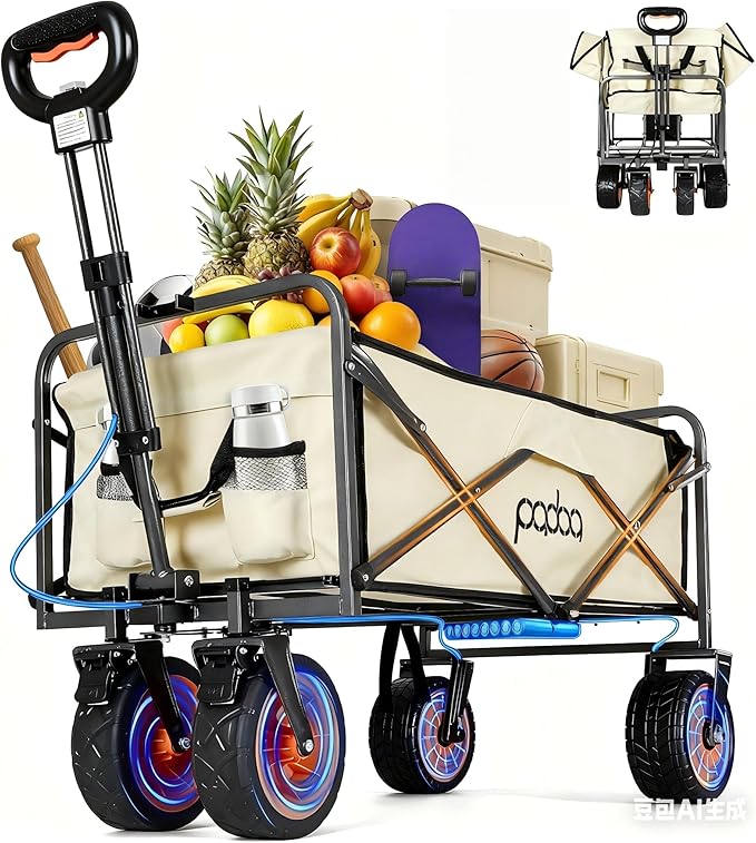 Electric Collapsible Garden Wagon Cart with Wheel,Rolling Foldable Metal Utility Wagon Carts,100w Power and 300lb Capacity, Portable for Camping,Sports,Shopping,Groceries,Laundry