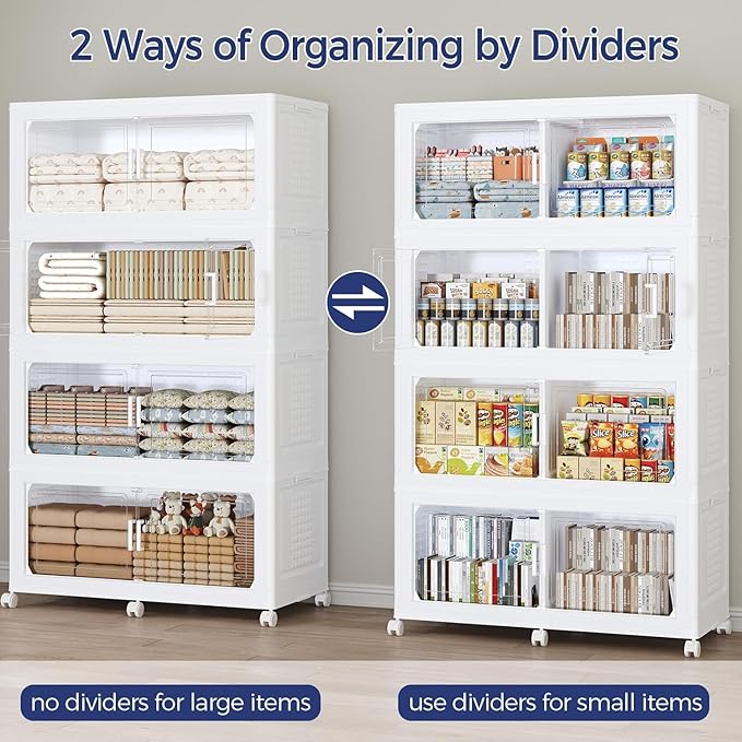 150Gal Stackable Storage Bins with Lid, 600Qt Extra Large Collapsible Storage Box with Wheels, Dividers, Folding Plastic Cabinet Closet Organizers for Home Kitchen Office Dorm, 3Pack White