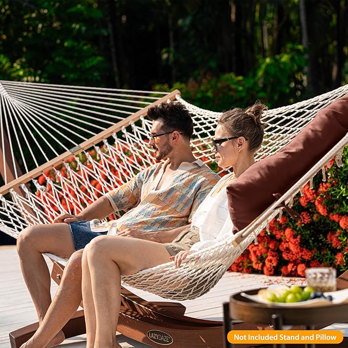 Lazy Daze Hammocks 12FT Double Rope Hammocks, 2 Person Hand Woven Cotton Hammock with Pillow and Spreader Bar for Outside, Patio, Poolside, FIT 13-15 Foot Stand, Max 450 Lbs, Natural, 141 x 57 inches
