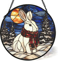 cvjutf Winter Christmas Bunny Suncatcher Stained Glass Window Hanging Decorstions, Nature Landscape Stained Glass Wall Decor, Winter Solstice Gifts, Forest Garden Lawn Sun Catchers Art, 7.9x7.9Inch