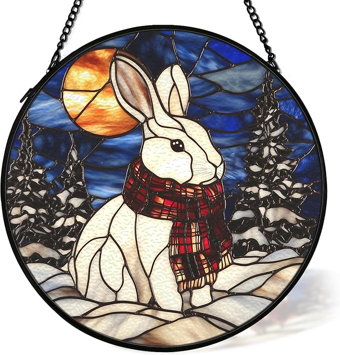cvjutf Winter Christmas Bunny Suncatcher Stained Glass Window Hanging Decorstions, Nature Landscape Stained Glass Wall Decor, Winter Solstice Gifts, Forest Garden Lawn Sun Catchers Art, 7.9x7.9Inch