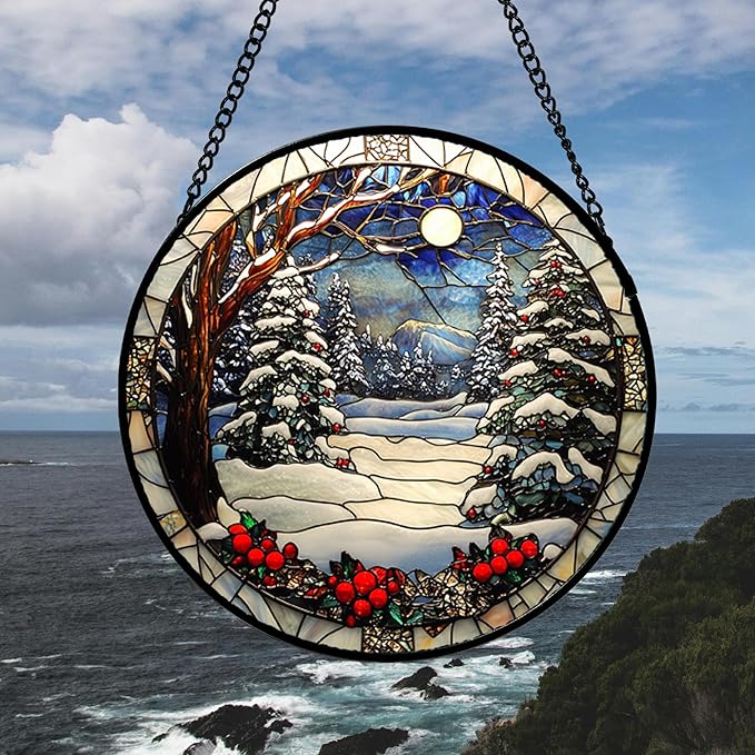 DASTOLL Stained Glass Window Hanging Christmas Tree Winter Snow Night Scenery Large 14.9" - Suncatcher Door Garden Kitchen Sun Catcher Home Decor Birthday for Mom Men Woman Friend