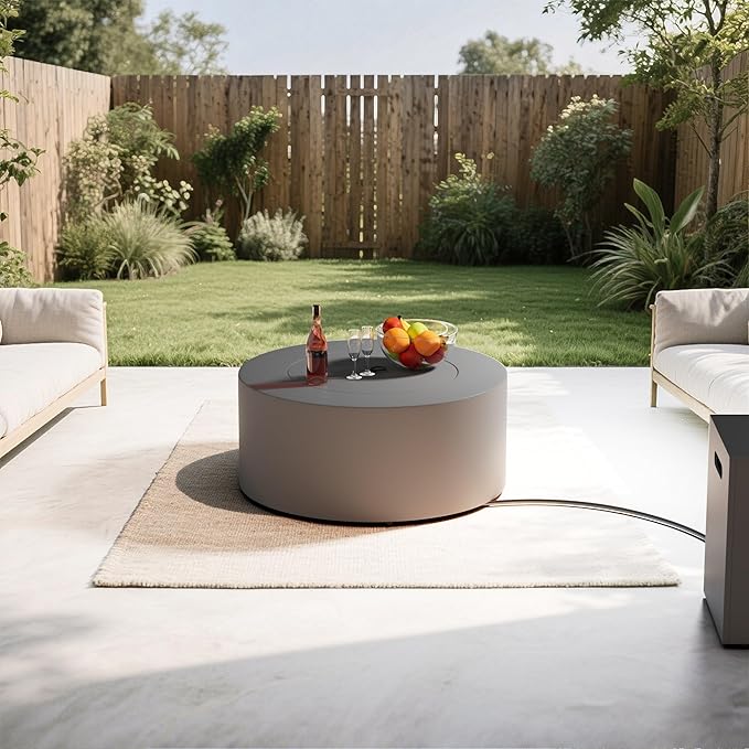 2-Piece 30" Round Propane Fire Pit for Outside Patio with Hidden Tank Table, 50,000 BTU Fireplaces with Lid, Glass Rocks, Cover(Dark Grey)